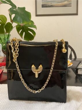 VTG Rare Koret Black Patent Genuine Leather Shoulder Bag Mid Century 1950s 1960s